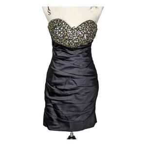 La Femme Black Satin Strapless Beaded Bodycon Mini Cocktail Dress 8